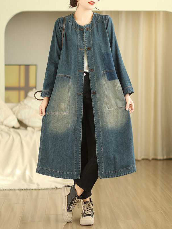 Trapèze Manches Longues Poches Boutonnées Col Rond Robes mi-longues Vêtements d'Extérieur