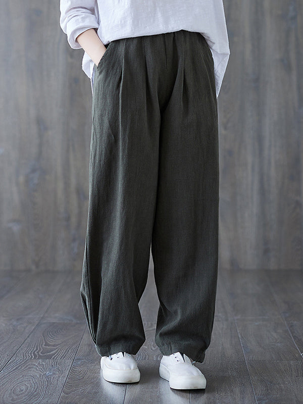 Pantalon simple ample décontracté à jambes larges, à taille élastique, couleur unie