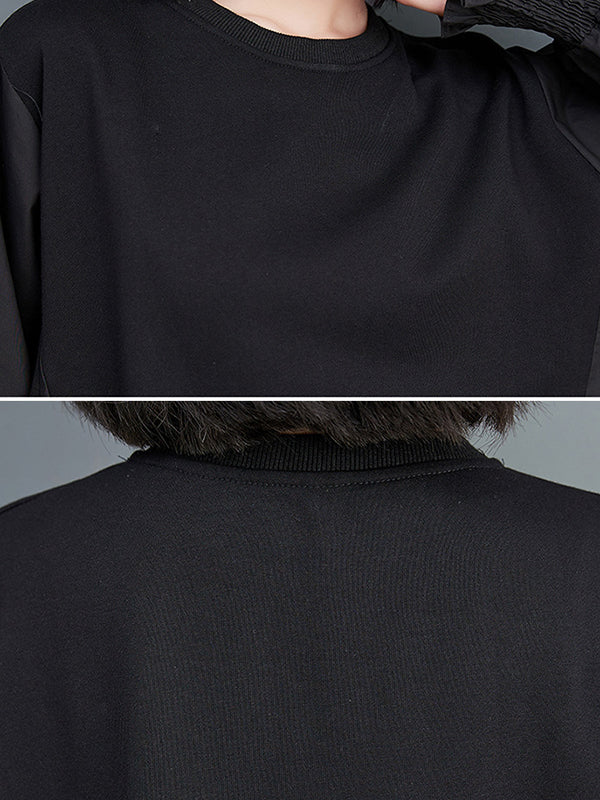 Robe mi-longue ample plissée à manches bouffantes, à empiècements, à col rond, couleur unie
