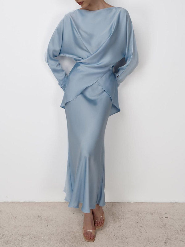 Ensemble deux pièces ample à empiècements, à col bateau, à manches longues, couleur unie – chemisier + chemise + jupe