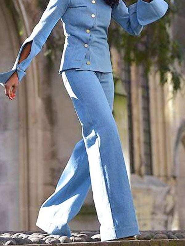 Pantalon ensemble deux pièces asymétrique boutonné ajouré à manches longues, à col revers