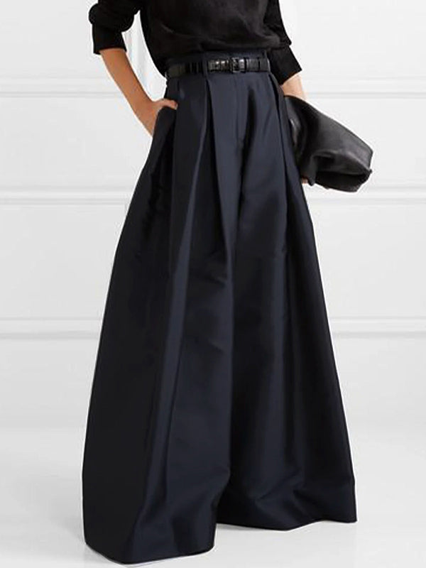 Pantalon élégant ample taille haute, à jambes larges, couleur unie