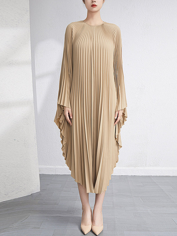 Robe longue ample plissée à manches chauve-souris, couleur unie