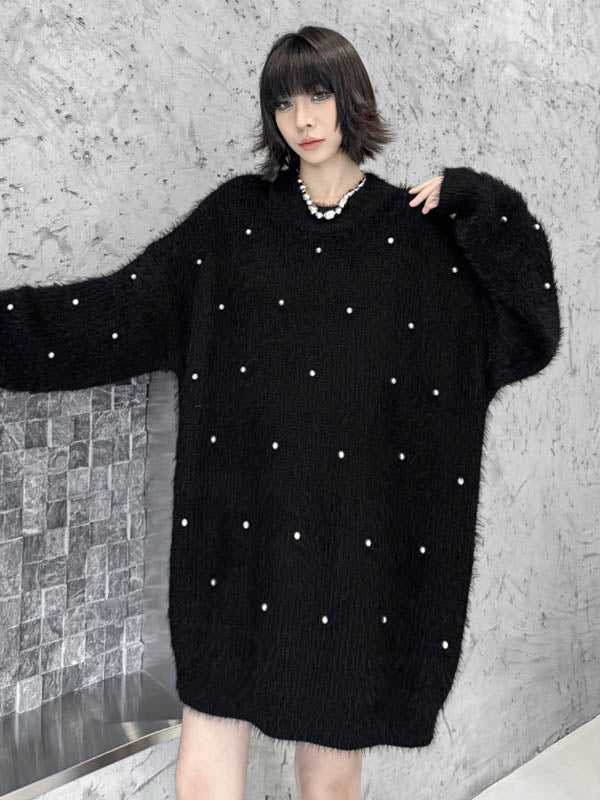 Robe pull ample brillante à manches longues, à perles, à empiècements, à col rond, couleur contrastée