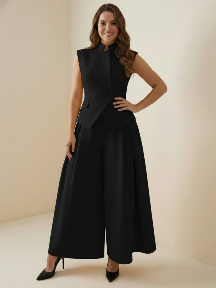 Pantalon ample plissé taille haute, à empiècements, couleur unie