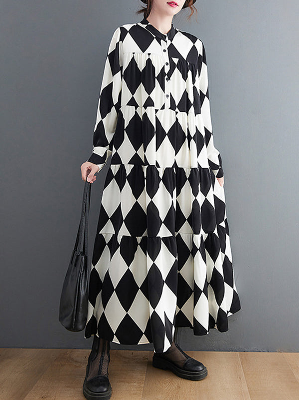 Robe mi-longue boutonnée coupe trapèze, à manches longues, à carreaux, col polo