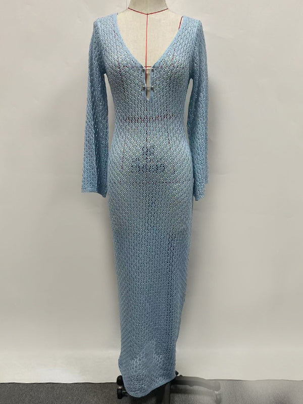 Creux transparent smocké couleur unie protection solaire col en v profond plage couvrir robes longues
