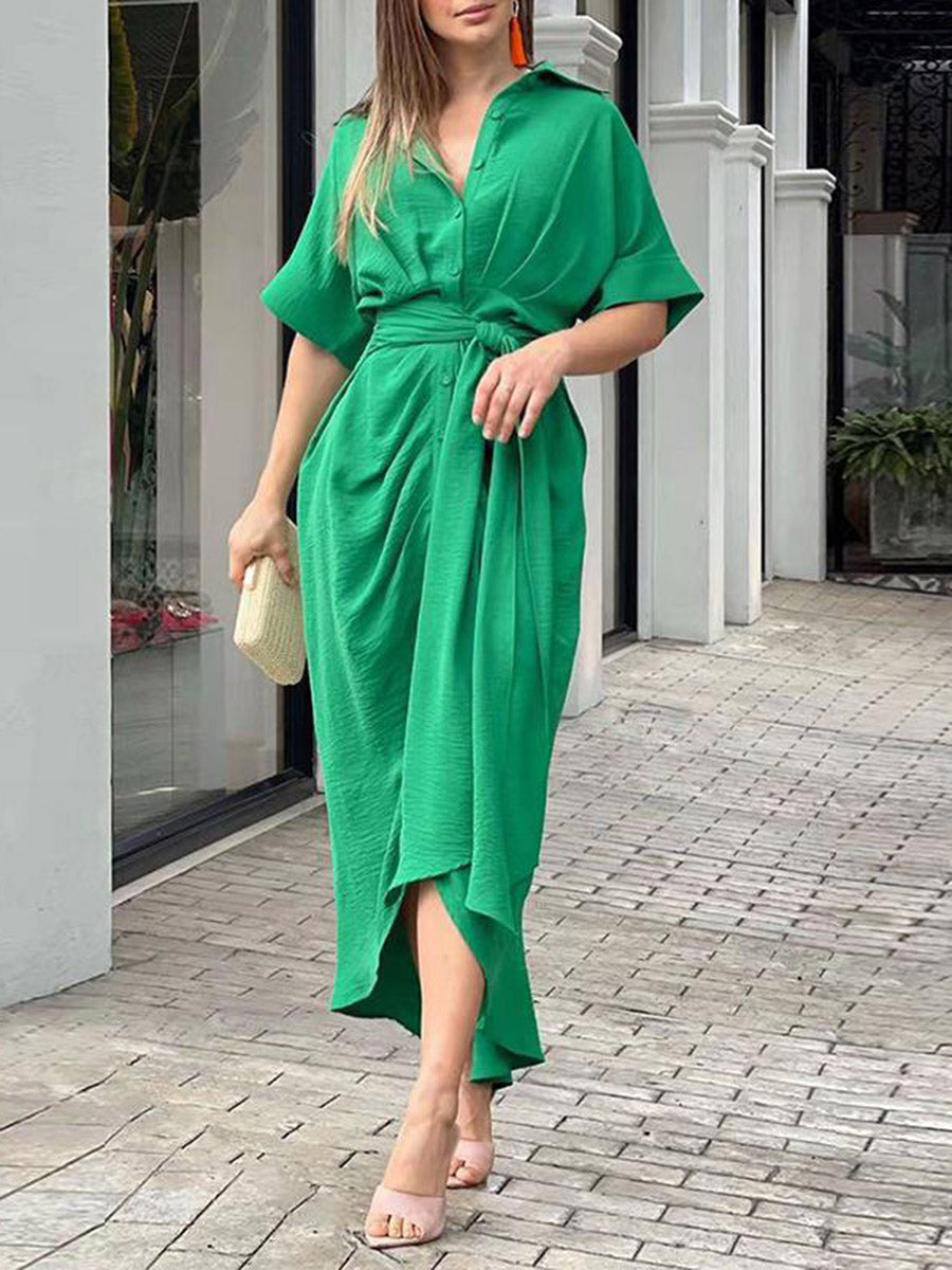 Robe chemise boutonnée plissée à taille élastique, taille haute, à empiècements, à taille nouée, à col revers, couleur unie
