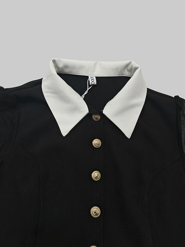 Robe chemise boutonnée transparente fendue sur le côté à manches longues, à col revers, couleur unie
