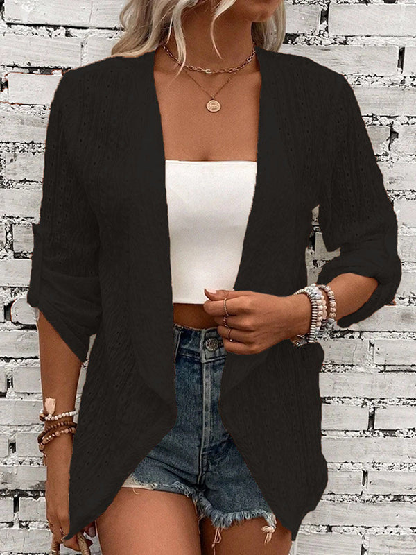 Veste ample boutonnée ajourée à manches longues, en jacquard, sans col, couleur unie