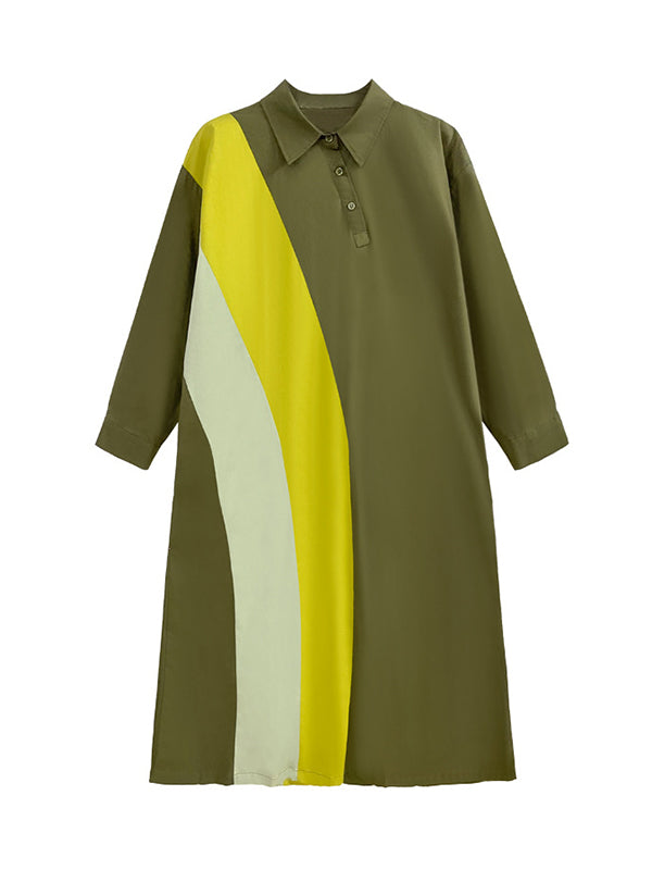 Robe chemise ample asymétrique boutonnée à manches longues, à empiècements, à col revers, couleur contrastée