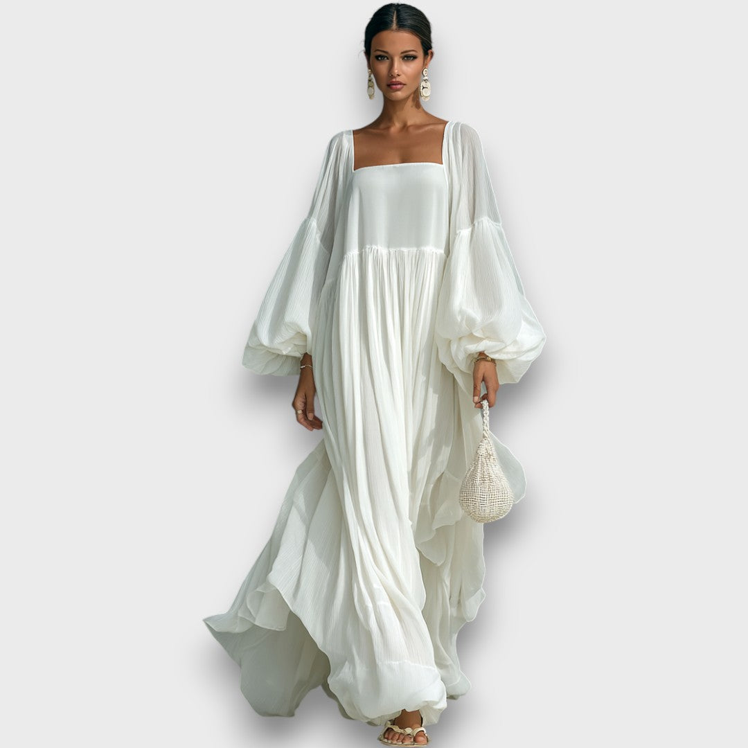 Elviera – Robe maxi fluide avec plis et manches ballon