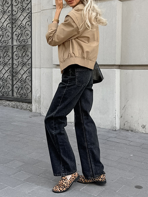 Veste ample boutonnée à manches longues, à taille élastique, à fermeture éclair, à col revers, couleur unie