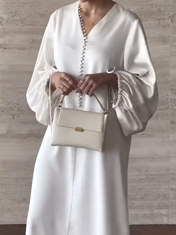 Robe chemise ample à manches bouffantes, à cordon de serrage, à empiècements, à col en V, couleur unie