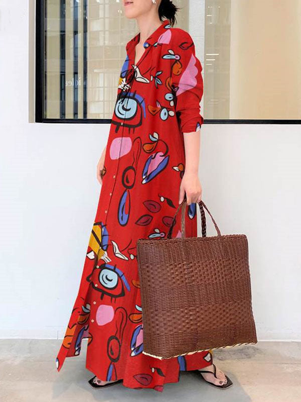 Robe chemise ample boutonnée imprimée à manches longues, à poches, à col revers