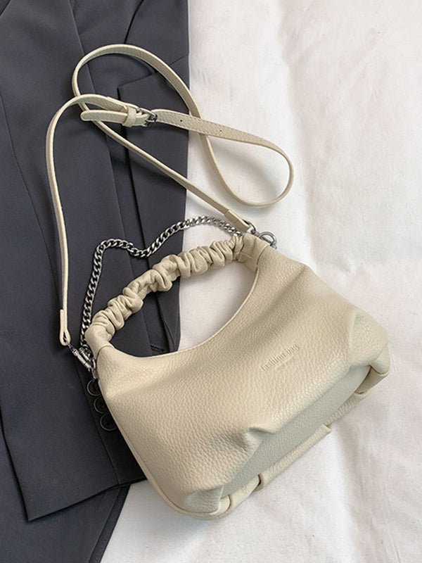 Sac à main plissé à chaîne, à fermeture éclair, couleur unie