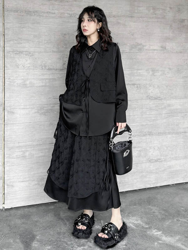 Ensemble deux pièces asymétrique boutonné à empiècements, à cordon de serrage, à imprimé floral, effet deux pièces, à col revers, à poches, à taille élastique, à double rang, couleur unie – chemisier + jupe