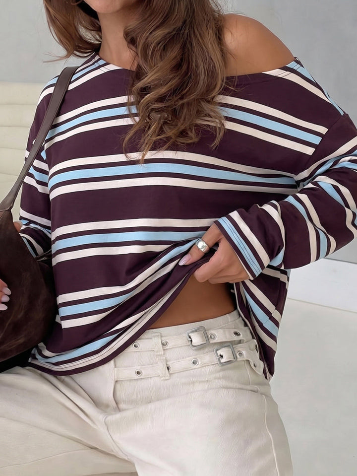 T-shirt rayé effet amincissant, à manches longues, asymétrique à une épaule