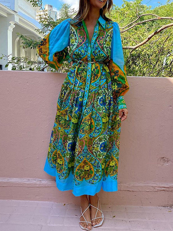 Robe mi-longue ample taille haute, à manches bouffantes, avec ceinture, à imprimé floral, à col revers