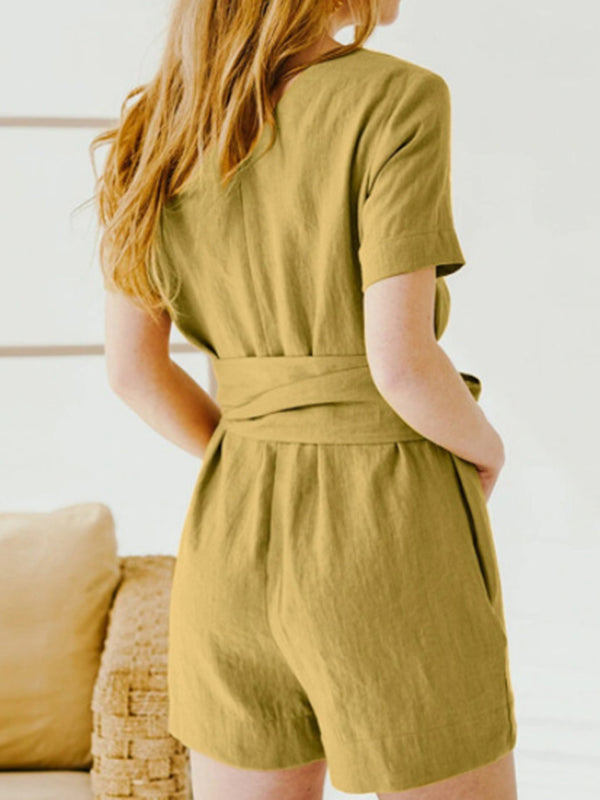 Combishort ample grande taille, à empiècements, à taille nouée, à col rond, couleur unie