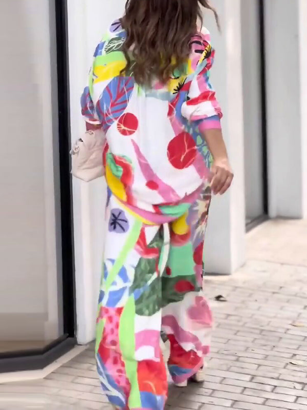 Ensemble deux pièces imprimé boutonné à manches longues, à col revers, taille haute, couleur contrastée – chemisier + pantalon