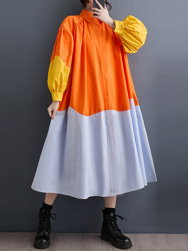 Robe chemise ample plissée à manches bouffantes, à empiècements, à col revers, couleur contrastée