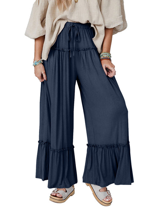 Pantalon ample plissé taille haute, couleur unie