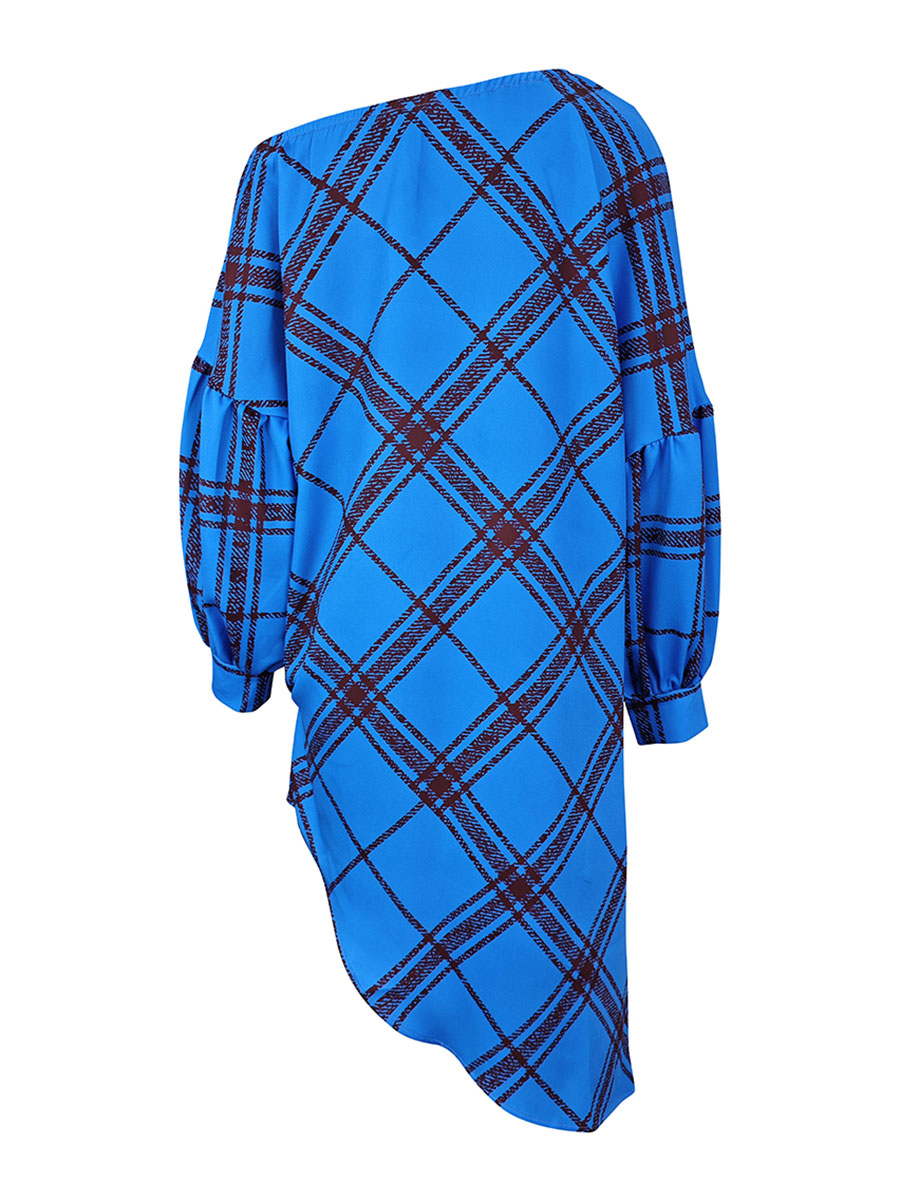 Robe courte asymétrique plissée à manches longues, à manches bouffantes, à carreaux, asymétrique à une épaule, couleur contrastée