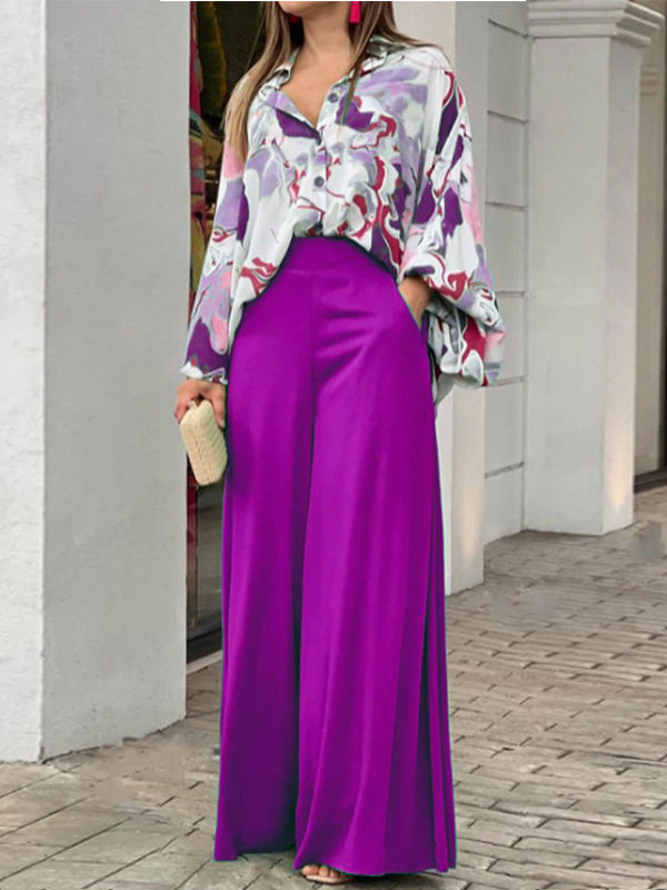 Ensemble deux pièces : blouse à couleurs contrastées + pantalon large uni