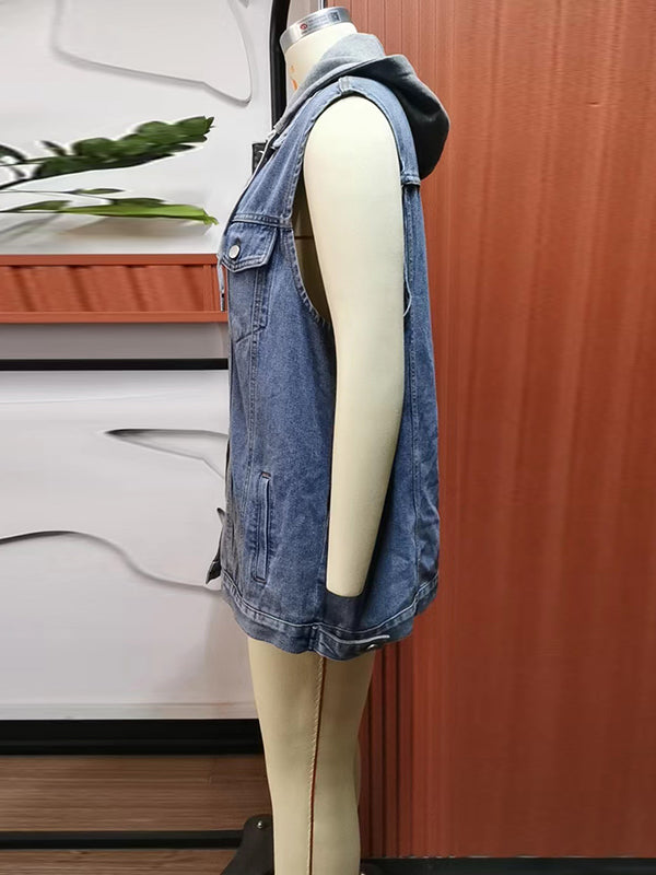 Gilet sans manches ample boutonné amovible à cordon de serrage, à capuche, à poches, à empiècements, col polo
