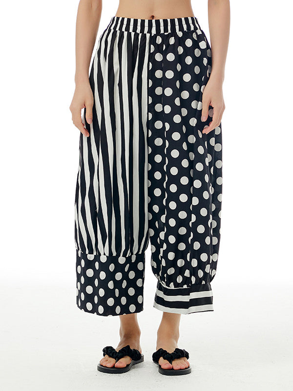 Pantalon ample rayé à jambes larges, à taille élastique, à pois, à empiècements, couleur contrastée