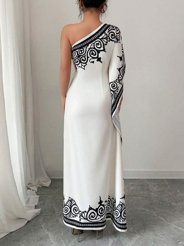 Robe longue ample asymétrique plissée à manches chauve-souris, à taille élastique, à imprimé floral, asymétrique à une épaule