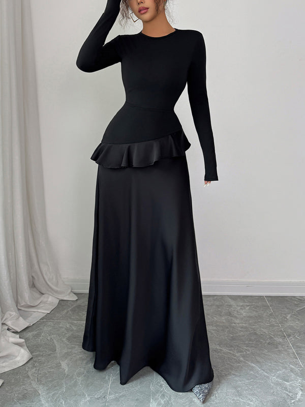 Robe longue coupe trapèze, taille haute, à bordure volantée, à empiècements, à col rond, couleur unie