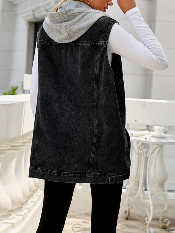 Gilet sans manches ample boutonné amovible à cordon de serrage, à capuche, à poches, à empiècements, col polo