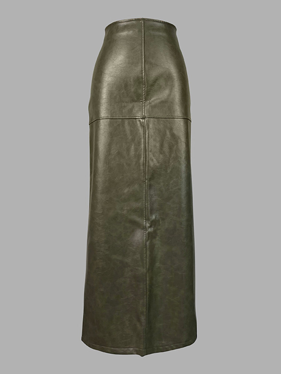 Jupe fendue sur le côté coupe droite, taille haute, à poches, à empiècements, à fermeture éclair, couleur unie