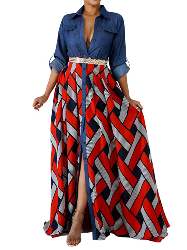 Robe longue ample boutonnée imprimée à manches longues, à taille élastique, à empiècements, à col revers