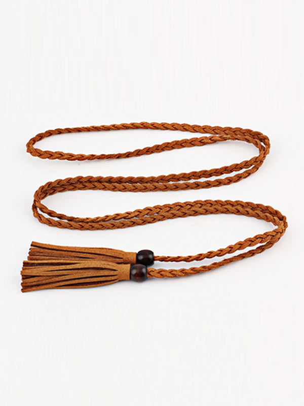 Ceinture de couleur unie à pompons en cuir artificiel de Bohême