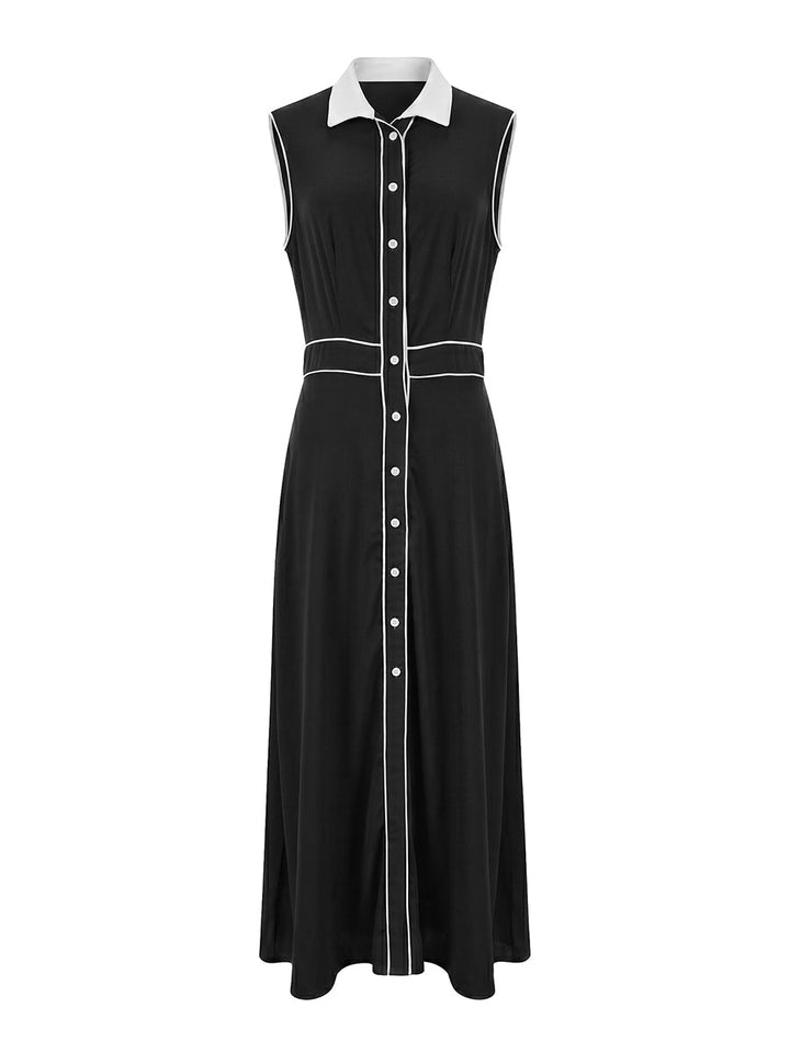 Robe longue boutonnée coupe trapèze, taille haute, à poches, à empiècements, à col revers, couleur contrastée