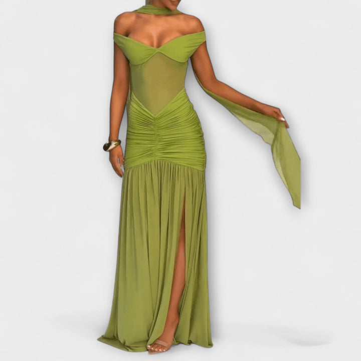 Nicole - Robe Maxi Vert Olive avec Décolleté en V
