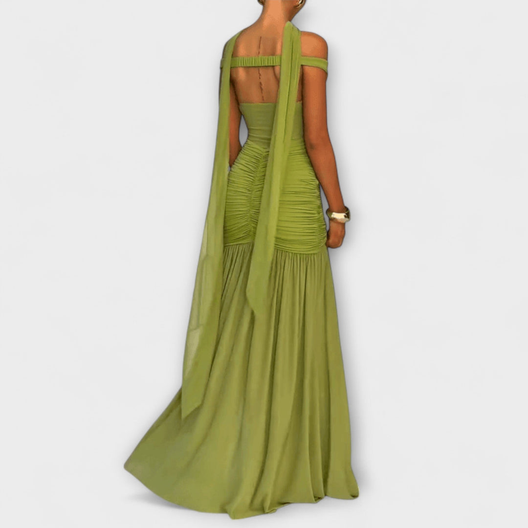 Nicole - Robe Maxi Vert Olive avec Décolleté en V