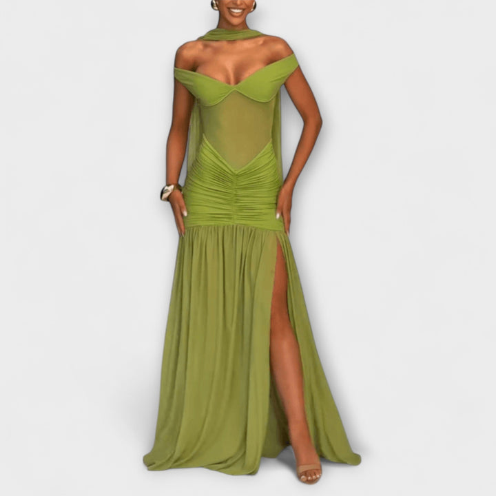 Nicole - Robe Maxi Vert Olive avec Décolleté en V