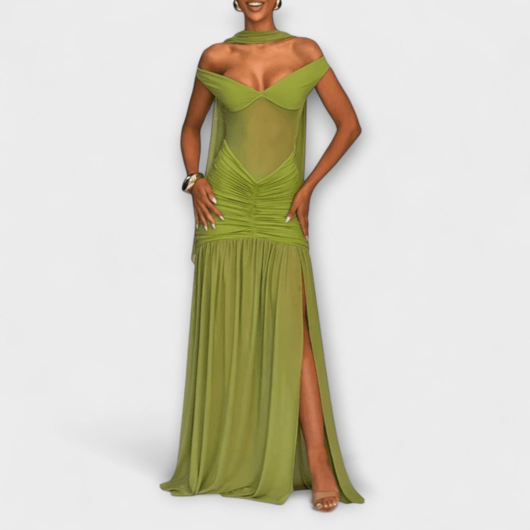 Nicole - Robe Maxi Vert Olive avec Décolleté en V