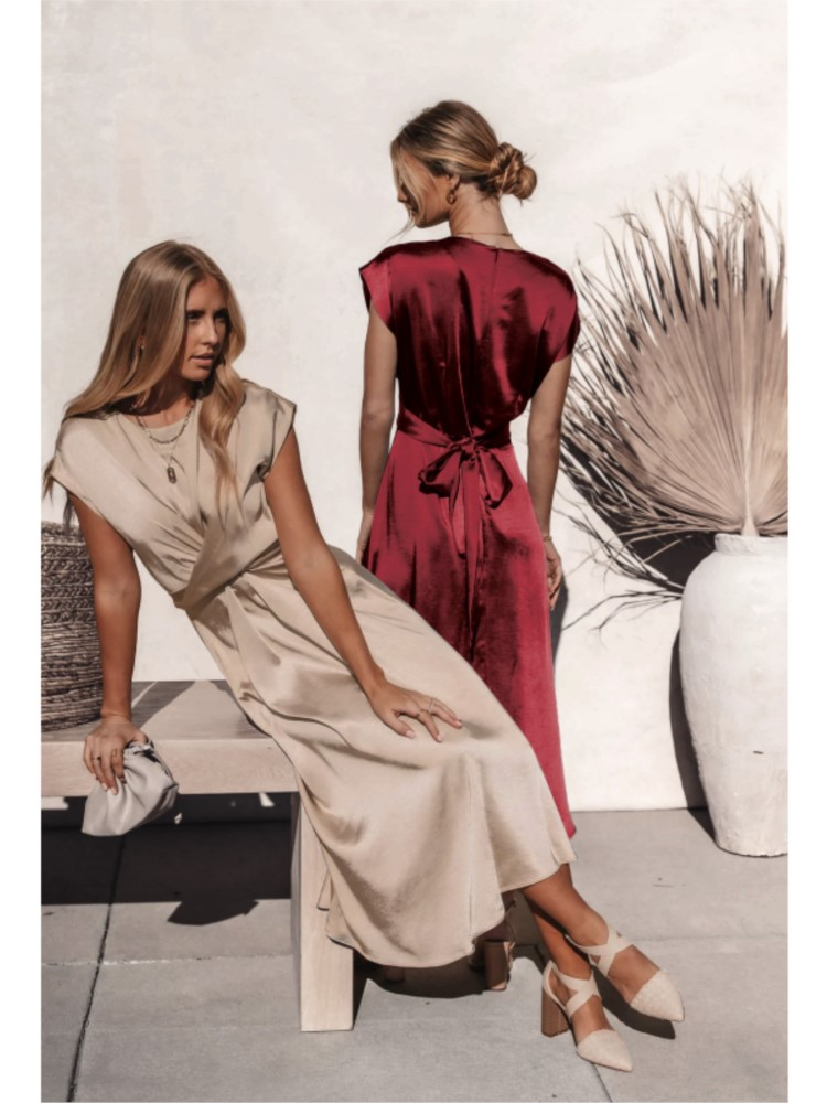 Robe Midi à Manches Courtes en Drapé pour Invitées de Mariage