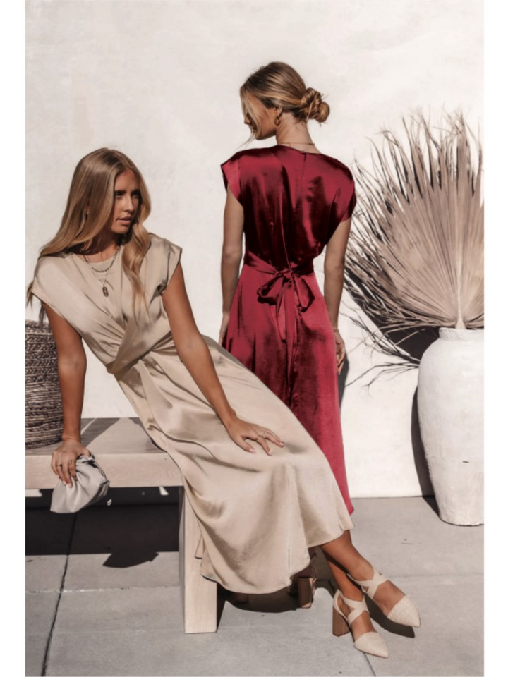 Robe Midi à Manches Courtes en Drapé pour Invitées de Mariage