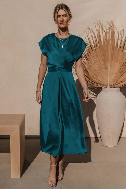 Robe Midi à Manches Courtes en Drapé pour Invitées de Mariage