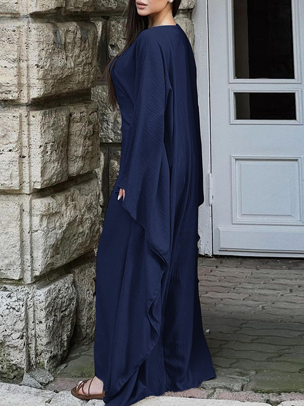 Robe longue à manches chauve-souris, à manches longues, à col rond, couleur unie