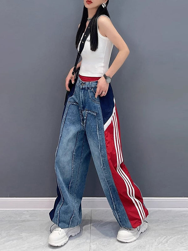 Jean ample à jambes larges, à cordon de serrage, à taille élastique, à franges, à empiècements, couleur contrastée