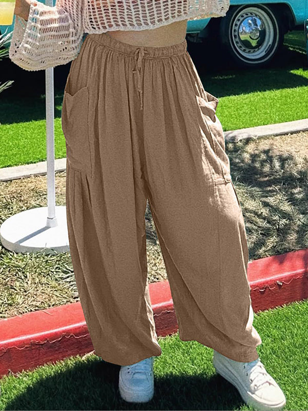 Pantalon ample plissé taille haute, à cordon de serrage, à taille élastique, à poches, couleur unie