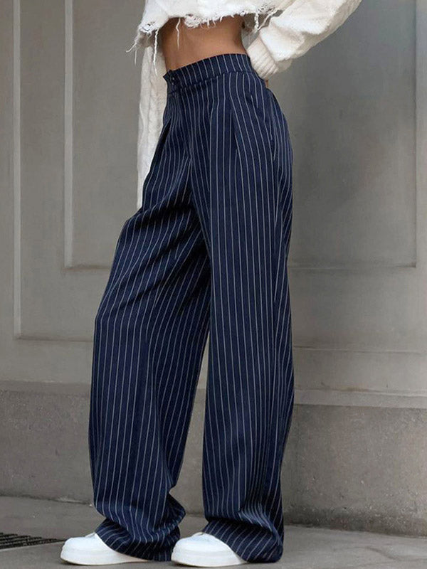 Pantalon Large Taille Haute Pantalon Rayé Boutonné Pantalon