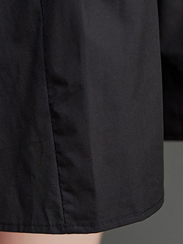Robe mi-longue ample plissée à manches bouffantes, à empiècements, à col rond, couleur unie